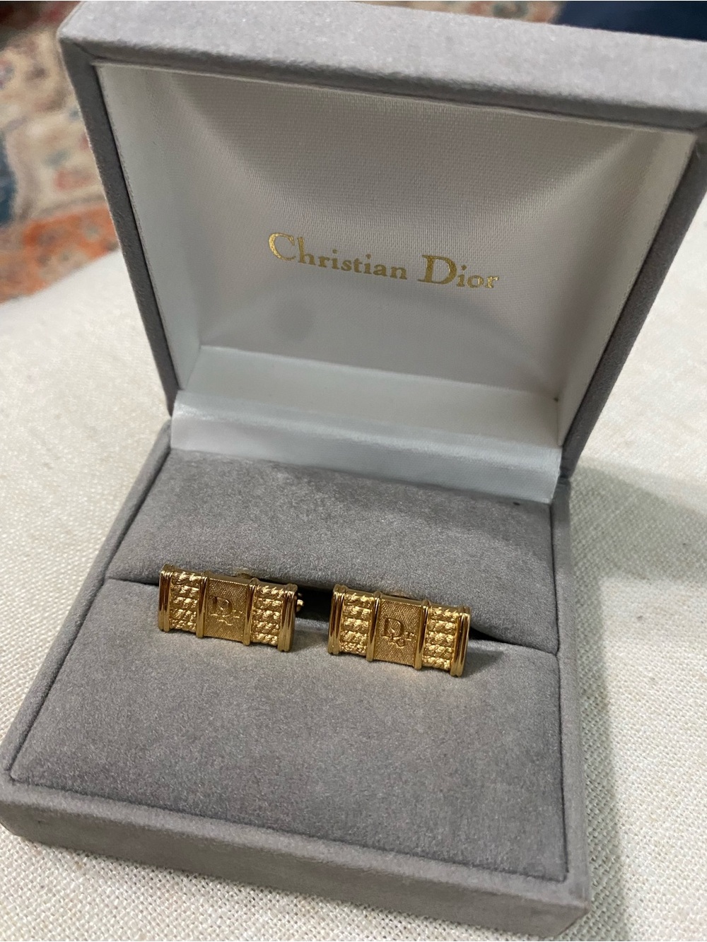 LKNW Vintage Christian Dior Cufflinks with Box Gold Tone Logo Basketweave - Picture 2 of 12